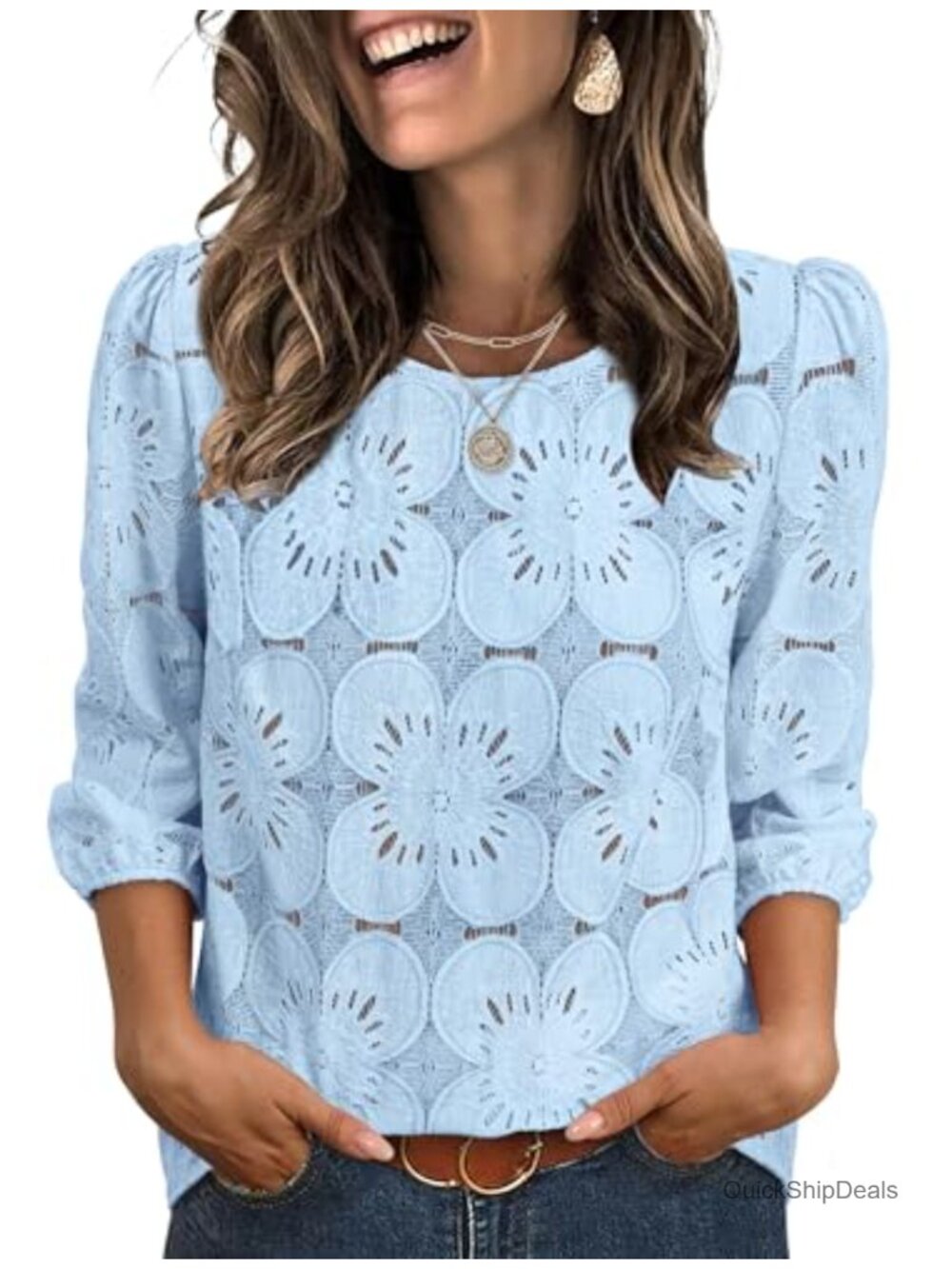 Sampeel Lace Eyelet Blouse 3/4 Puff Sleeve Dressy Casual Top